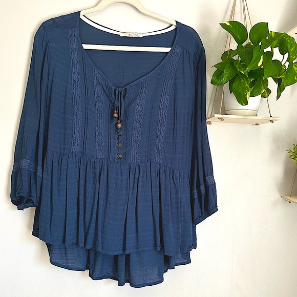 Rewind Tops - REWIND Navy Blue 3/4 Sleeve Flowy Spring BOHO Top SZ EXTRA LARGE (fits like M)